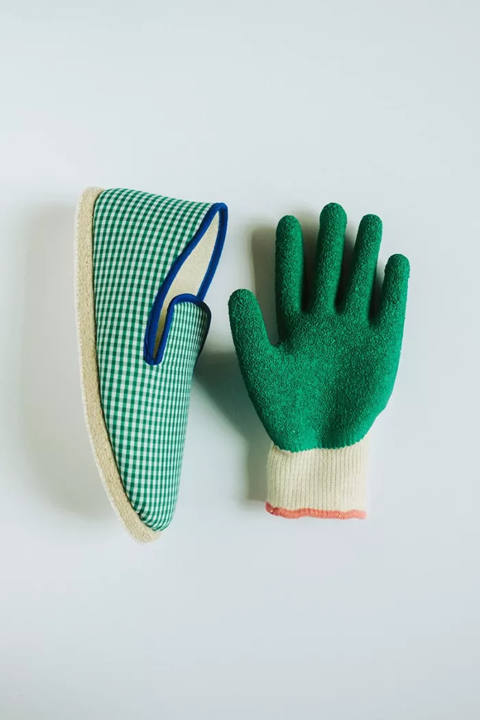Pantoufle en Vichy Vert avec un gant vert
